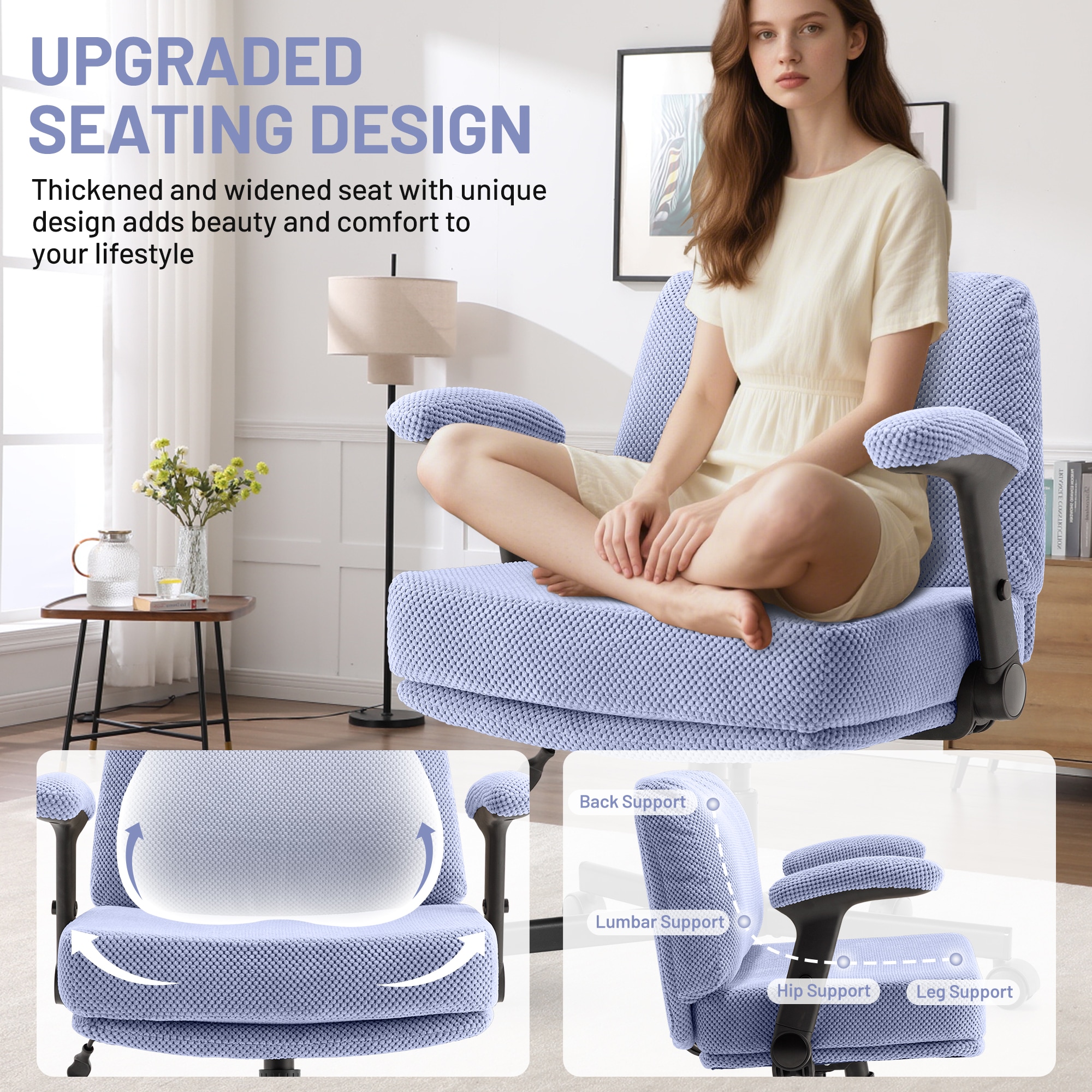 Criss Cross Chair With Wheels And Flip Arms- Comfy Fabric Cross Legged Office Chair With Thick Cushion&Wide Seat, Adjustable Swivel Desk Chair For Home Office, Apartment, Bedroom_voghion.com